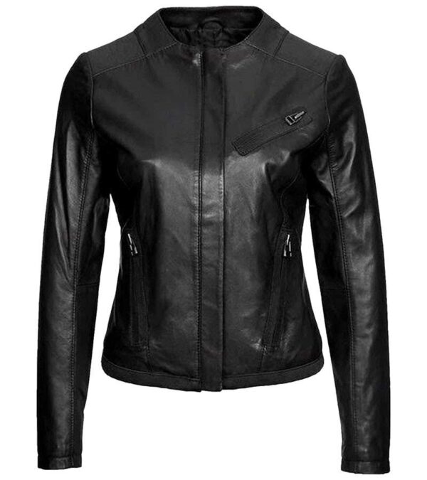 Women's Casual Collarless Black Leather Jacket at $40 Off