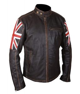 Union Jack UK Flag Cafe Racer Brown Vintage Leather Jacket