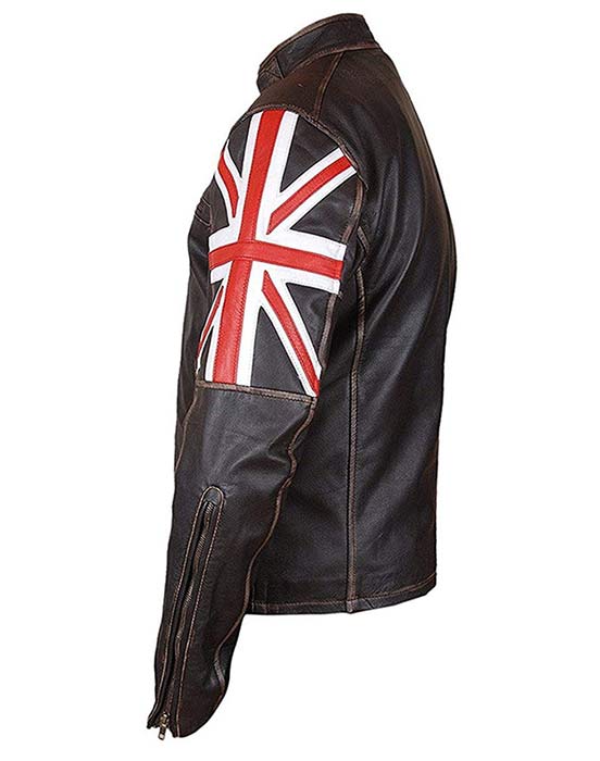 Buy UK Flag Union Jack Real Brown Leather Motorcycle Jacket at $61 Off Sale