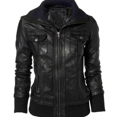 $30 of on Gents & Ladies Double Collar Casual Black Leather Jacket