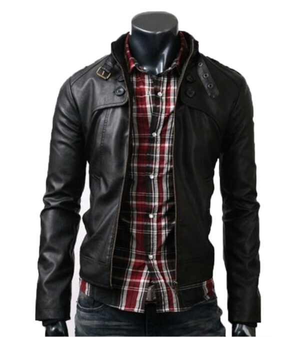Black Slim Fit Real Leather Jacket Belted Collar