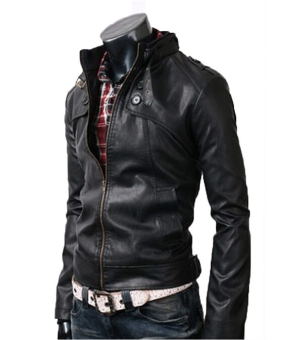 Black Slim Fit Faux Leather Jacket Belted Collar