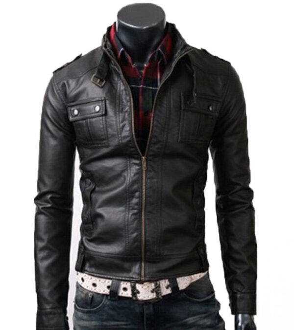 Slim Fit Black Rider Leather Jacket With Button Pocket