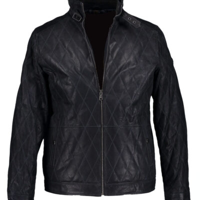 Men's Casual Dimond Stitch Black Leather Biker Jacket