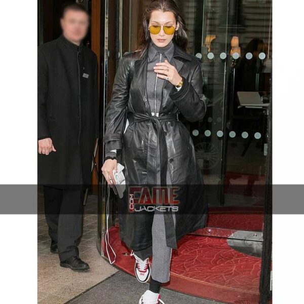 Bella Hadid Real Black Leather Trench Over Coat