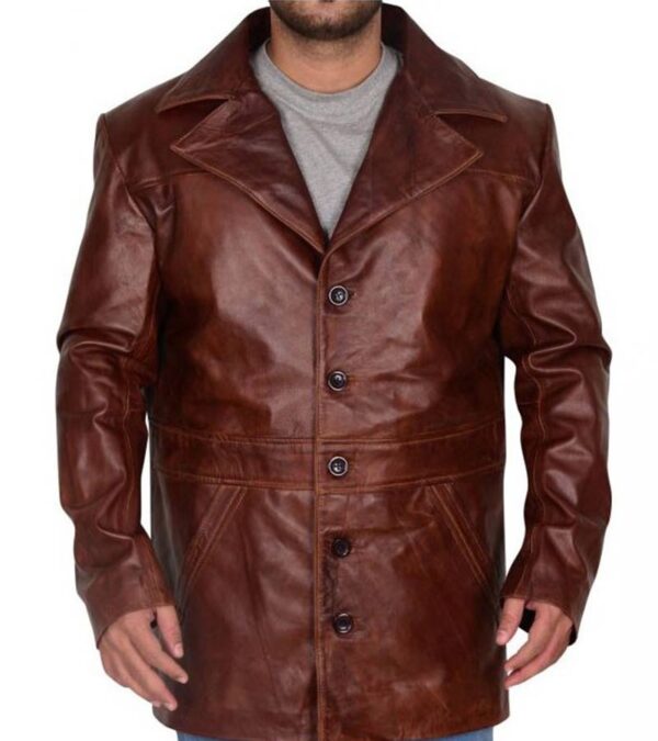 men distressed brown leather long trench coat