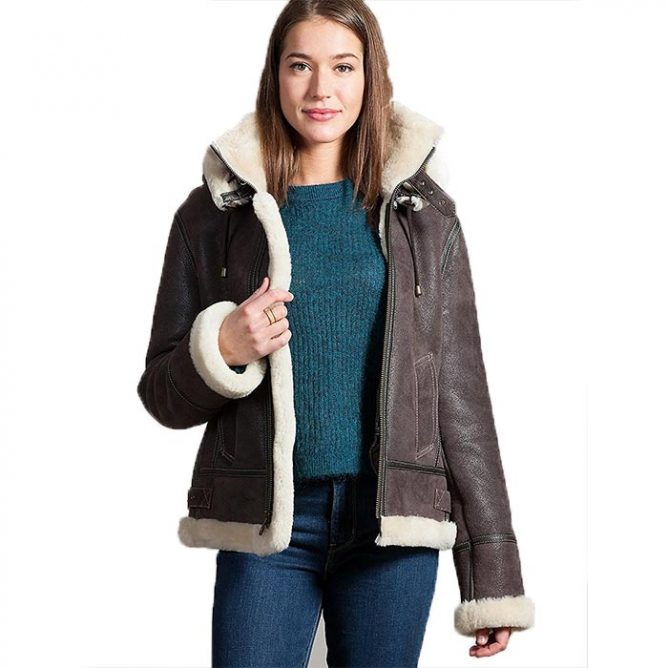 Women B3 Brown Leather Fur Bomber Jacket - FameJackets