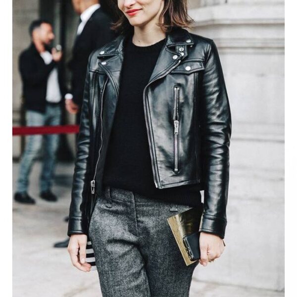 Buy Women Slim Fit Black Leather Biker Jacket