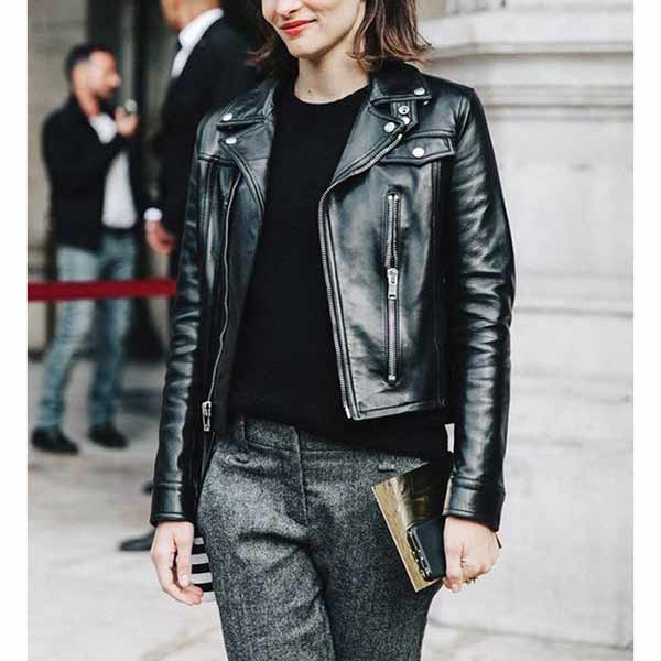 Women New Style Black Real Leather Biker Jacket at $40 Sale