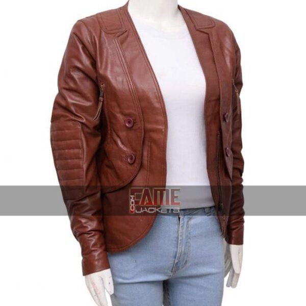 stana katic faux brown leather biker jacket