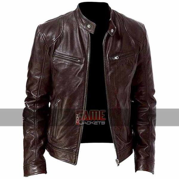 Buy Brown Leather Cafe Racer Jacket at $59 Off Sale