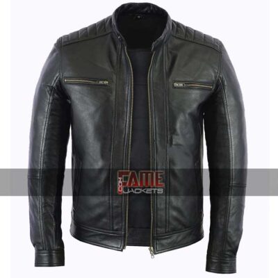 men casual black biker leather jacket