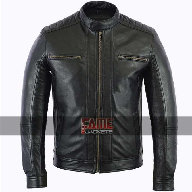 Mens Casual Slim Fit Biker Black Leather Jacket - FameJackets