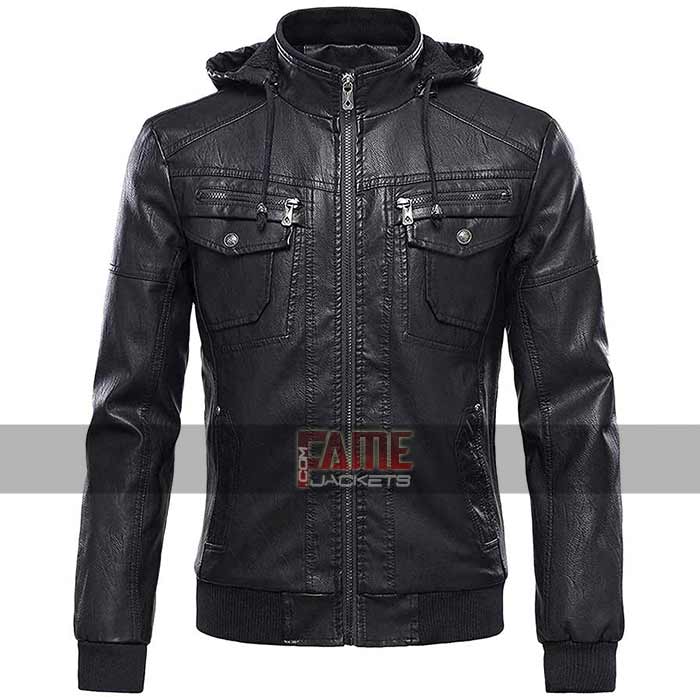 Men's New Real Black Leather Jacket Fur Hood - FJ