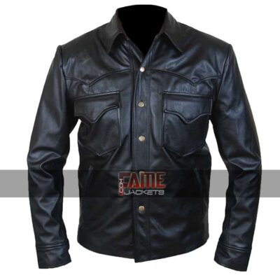 men new design real black leather shirt jacket
