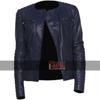 ladies casual collarless real blue leather biker jacket