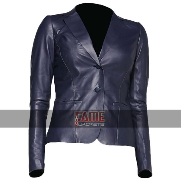 women casual slim fit blue leather buttoned jacket
