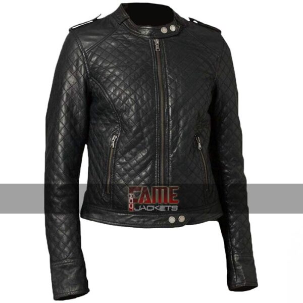 ladies classic quilted diamond real leather biker jacket