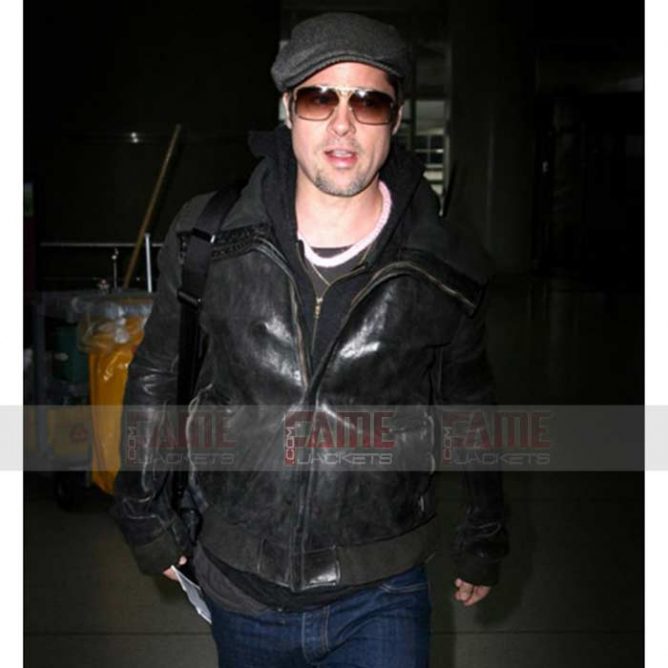 Brad Pitt Black Distressed Leather Bomber Jacket For Mens