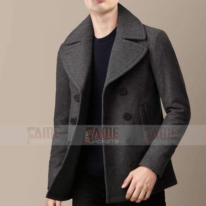 Mens Casual Grey Wool Winter Pea Coat For Men - FameJackets