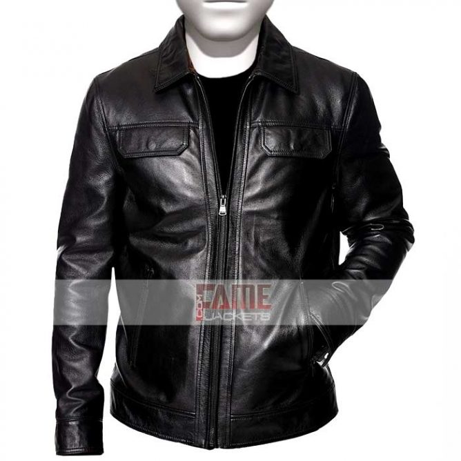 Mens Shirt Style Collar Black Leather Jacket - FameJackets