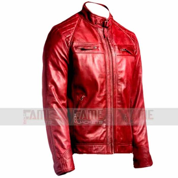 Mens Red Cafe Racer Quilted Leather Jacket