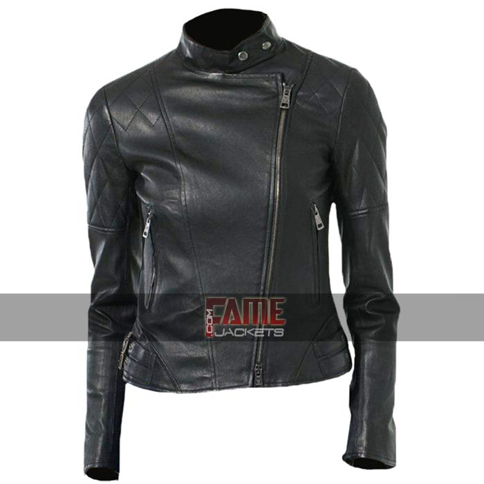 Womens Black Diamond Quilted Biker Leather Jacket - FameJackets