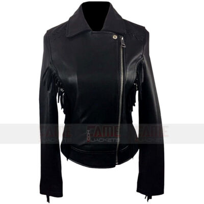 Womens Fringe Black Biker Leather Jacket