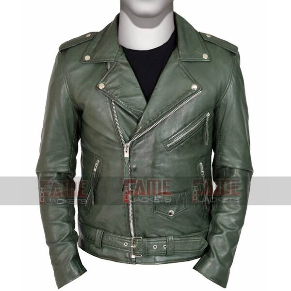 Mens Real Green Leather Slim Fit Jacket On Sale