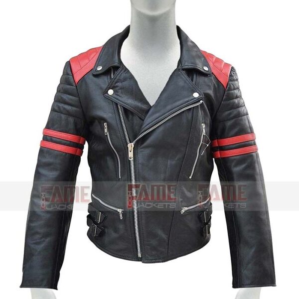 Mens Black With Red Strips Slim Fit Leather Biker Jacket Online