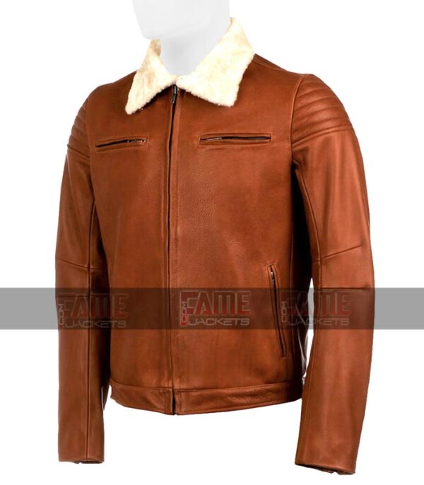Men Tan Brown Real Leather Fur Collar Jacket Sale