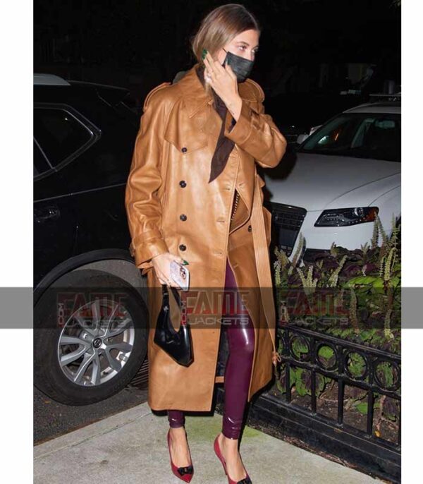 Hailey Bieber Tan Brown Leather Coat