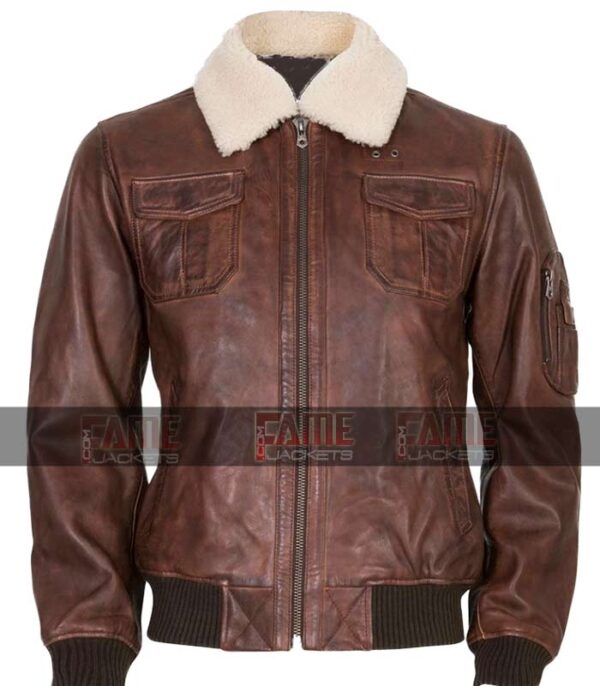 Men Fur Collar Winter Real Brown Leather Bomber Jacket Online Sale