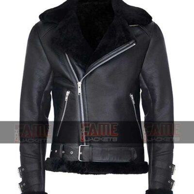 Mens Leather Aviator Jacket With Faux Fur In Black Sheep Leather