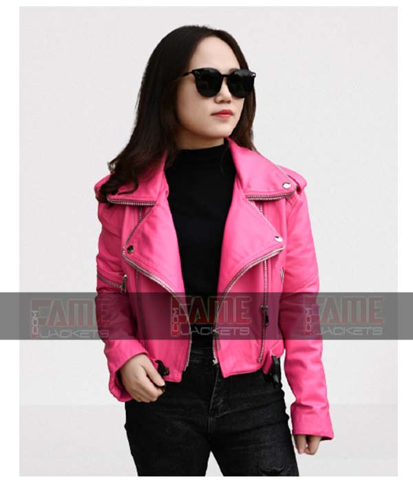 Womens Hot Pink Street Style Leather Jacket