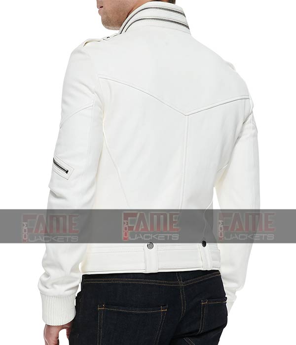 Unisex Attractive Zipper Style White Leather Biker Jacket