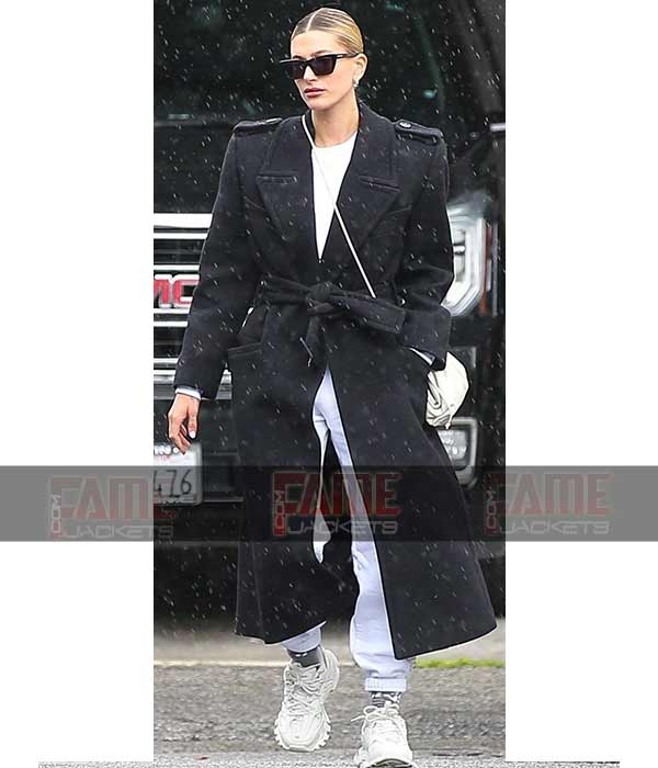 Hailey Rhode Bieber Womens Long Black Trench Coat