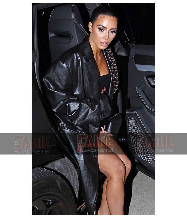 Kim Kardashian Oversized Black Leather Long Winter Over Coat