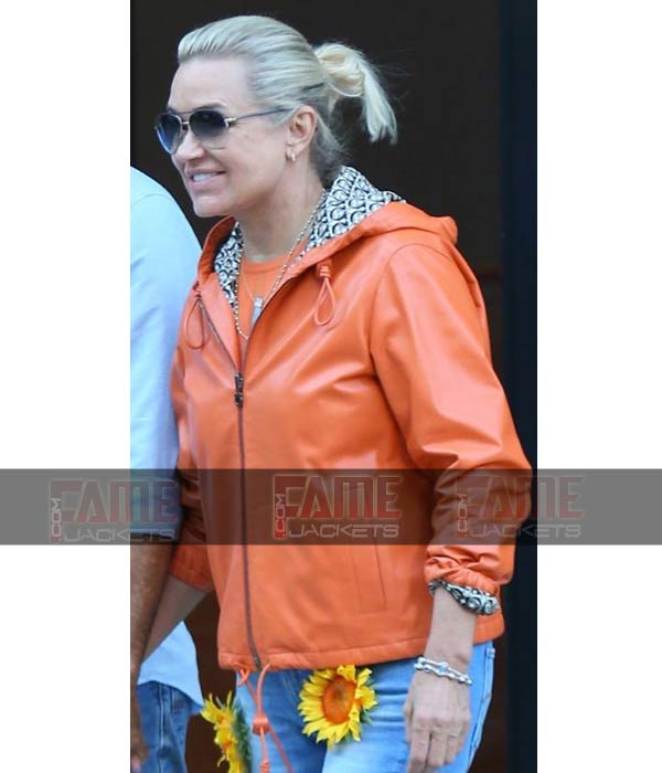 Yolanda Hadid Womens Orange Real Leather Jacket With Hood