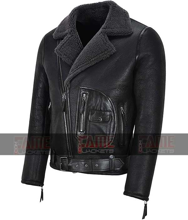 Mens Aviator Jacket With Faux Fur In Real Sheepskin Leather
