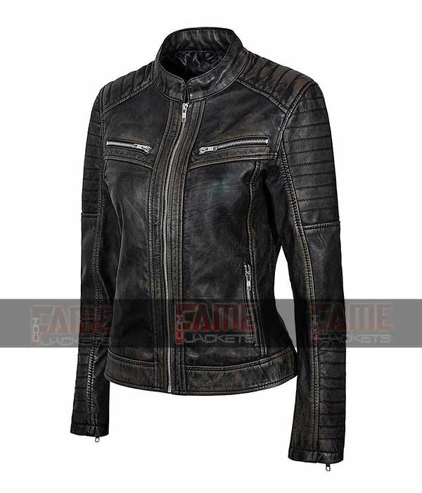 Women Black Cafe Racer Motorcycle Leather Jacket