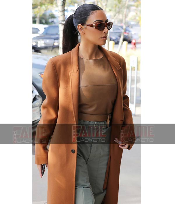 Kim Kardashian Womens Tan Brown Long Wool Winter Over Coat