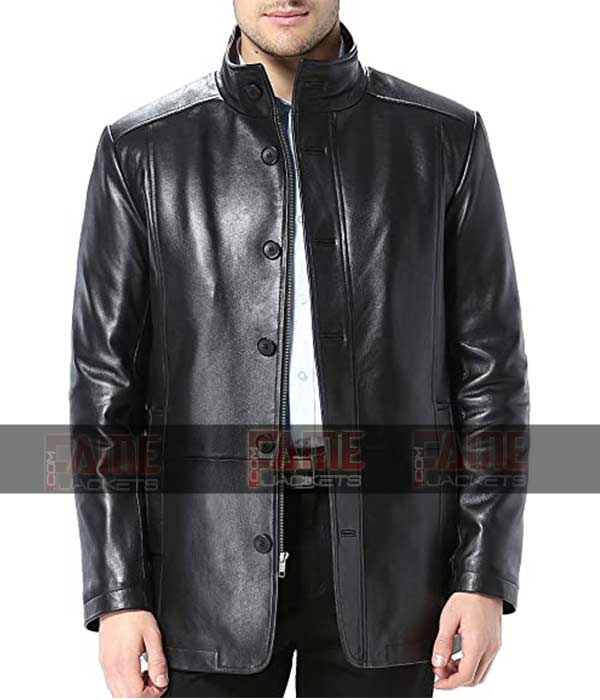 Mens New Style Black Winter Genuine Leather Buttoned Coat