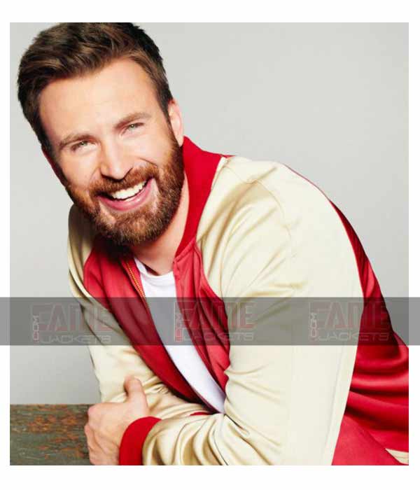 Buy Now Chris Evans Red And White Satin Varsity Jacket At Sale Price