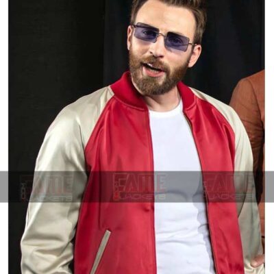 Purchase Chris Evans Red And White Satin Varsity Jacket At Low Price