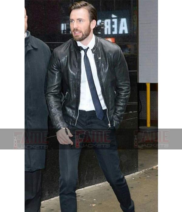 Purchase Chris Evans Black Cowhide Leather Moto Jacket At Low Rate