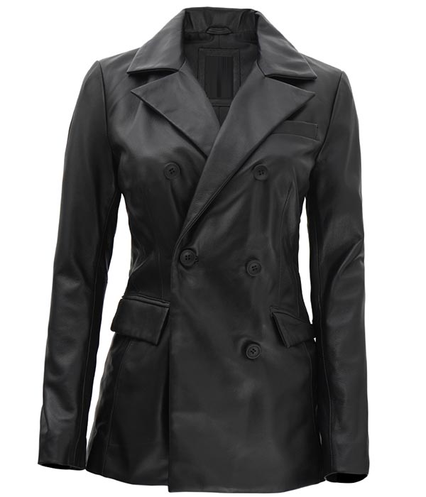 Purchase Women's Real Black Leather Double Breasted Blazer At Budget Friendly Cost