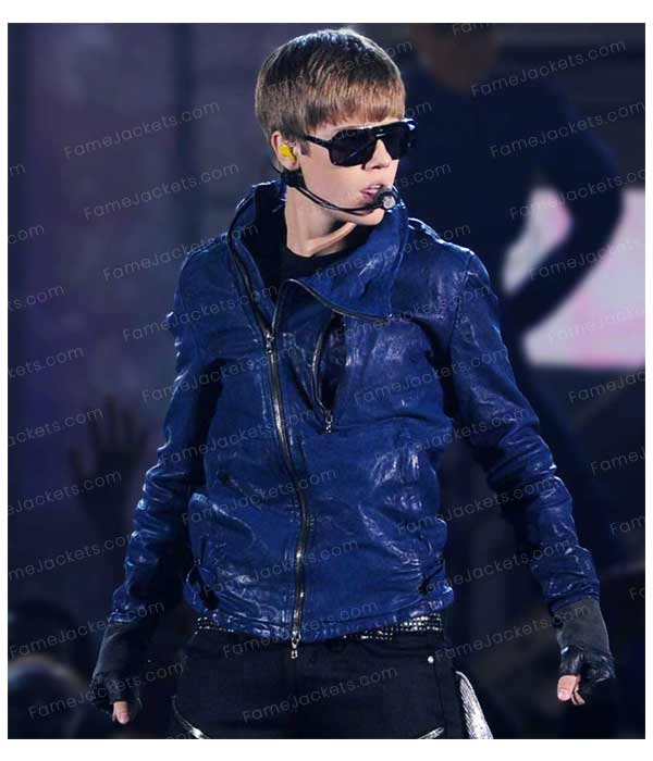 Justin Bieber Real Blue Leather Biker Jacker For Men