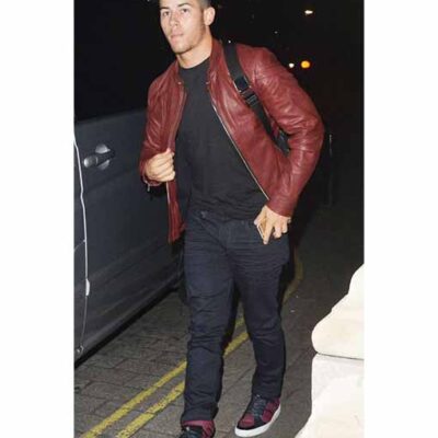 Get Nick Jonas Red Moto Leather Jacket on Sale