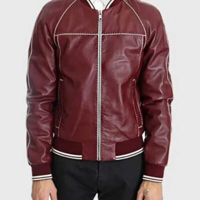 Classic Maroon Leather Bomber Jacket For Men